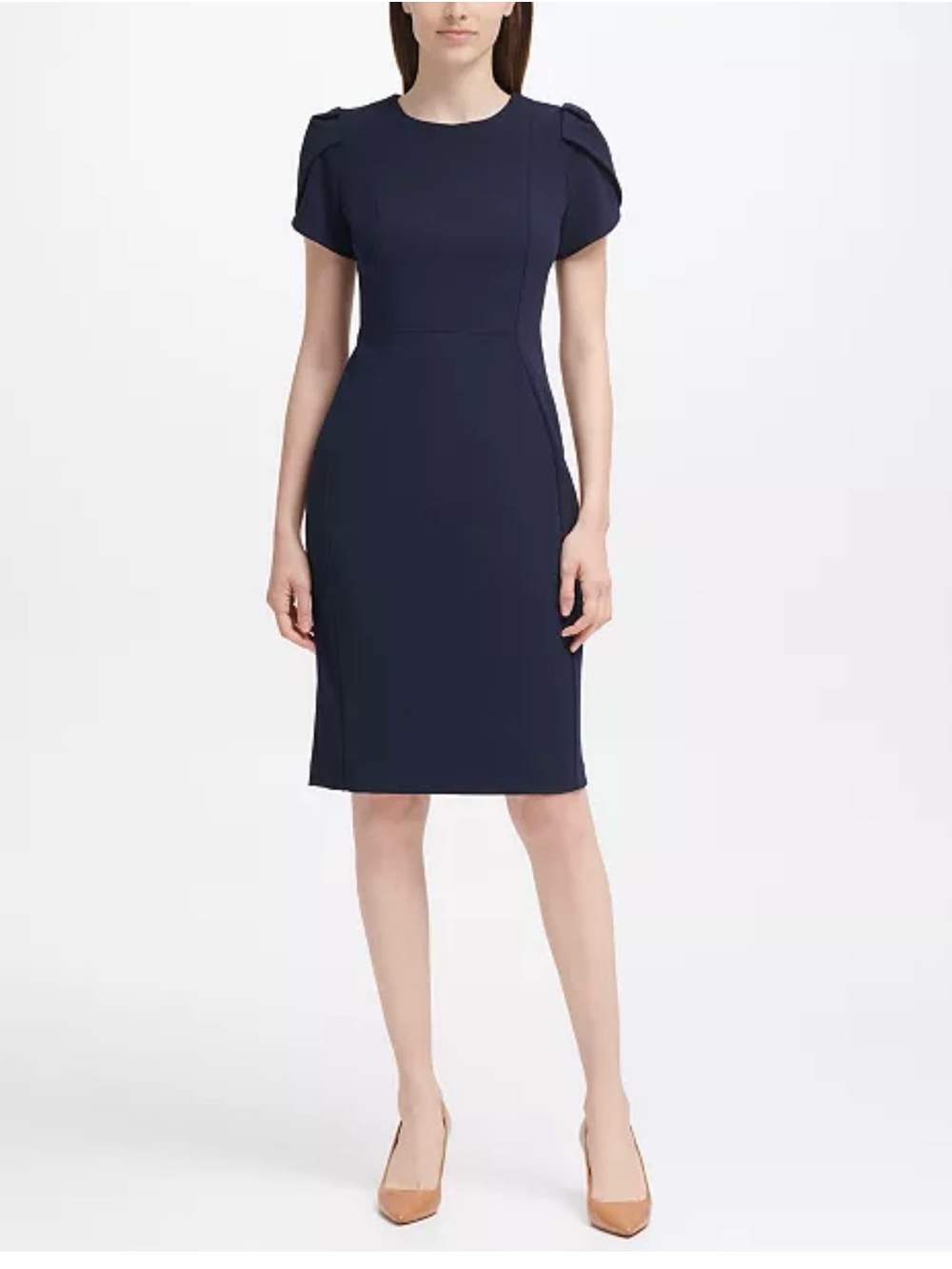 Calvin Klein Navy Puff-Sleeve Midi Sheath Dress